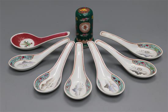 A set of seven spoons and toothpick holder